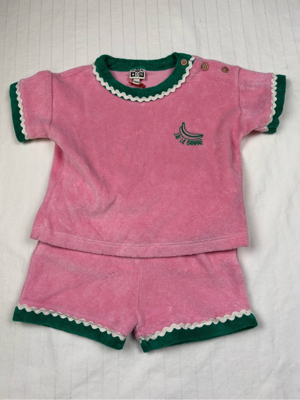 NWT Bonton girls 18 month Pink & Green ric rac Kids terry Set top and shorts